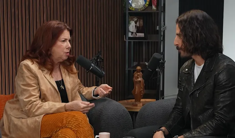 Siobhan Fallon Hogan sits down with Jonathan Roumie during an episode of her new podcast airing on EWTN+, “Catholics & Cappuccinos.” | Credit: EWTN Studios