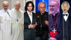 Pope Leo XIV, Pope Francis, Michael Iskander, Bishop Mark Seitz, Cardinal Pierbattista Pizzaballa, and Andrea Bocelli. Credit: Vatican Media; ALBERTO PIZZOLI/AFP via Getty Images; Jason Davis/Getty Images; Hakim Shammo/EWTN News; Latin Patriarchate of Jerusalem; Franco Origlia/Getty Images