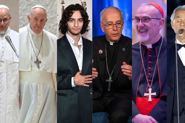 Pope Leo XIV, Pope Francis, Michael Iskander, Bishop Mark Seitz, Cardinal Pierbattista Pizzaballa, and Andrea Bocelli. Credit: Vatican Media; ALBERTO PIZZOLI/AFP via Getty Images; Jason Davis/Getty Images; Hakim Shammo/EWTN News; Latin Patriarchate of Jerusalem; Franco Origlia/Getty Images