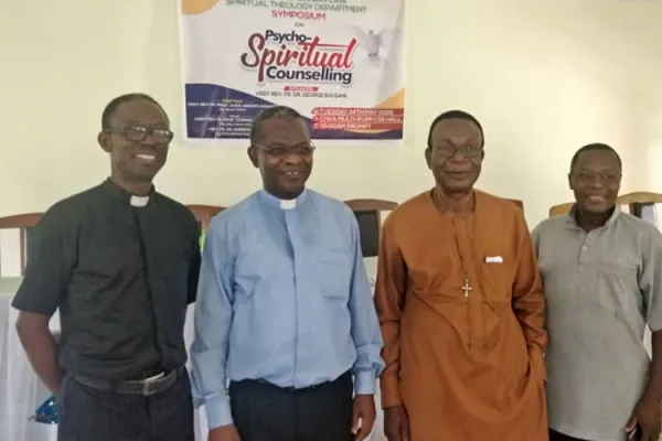Fr. George Ehusani (2nd from left), flanked on the left by Fr. Andrew Otu (Head of Department of Spiritual Theology), on the right by Fr. Cajetan Ani (Editor of the Pastoral and Spiritual Theology Journal, published by Catholic Institute of West Africa - CIWA), and one other participant at the Symposium on "Psycho-Spiritual Integration" at CIWA in Port Harcourt, Nigeria, on 24 May 2022. Credit: Catholic Institute of West Africa (CIWA)