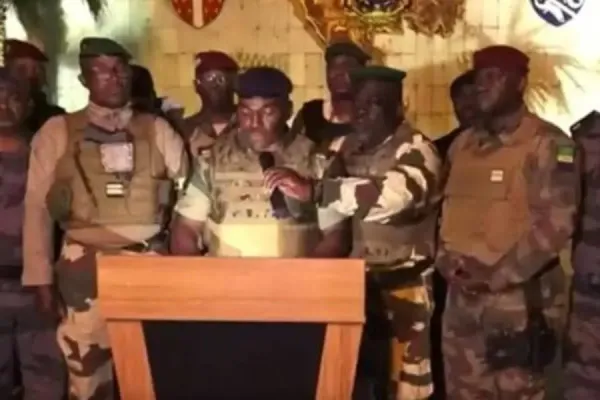Screenshot of military officers in Gabon announcing that they had seized power. Credit: Gabon National Television
