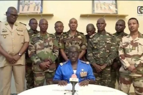 Screengrab of the National Council for the Safeguarding of the Country delivering a statement on Nigerien state television shortly after detaining President Mohamed Bazoum. Credit: ORTN