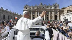 Pope Leo XIV greets those gathered for the Jubilee of Consecrated Life Mass in St. Peter’s Square on Oct. 9, 2025, at the Vatican. / Credit: Vatican Media