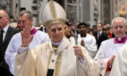 Pope Leo XIV introduced a new papal staff on Jan. 6, 2026, during the closing of the Holy Door | Credit: Vatican Media / null