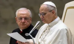 Pope Leo XIV speaks during the general audience in the Vatican’s Paul VI Hall on Jan. 28, 2026. | Credit: Daniel Ibanez/EWTN News
