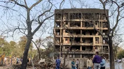 A general view shows a damaged building at the site where Air India flight 171 crashed in a residential area near the airport in Ahmedabad on June 12, 2025. / Credit: SAM PANTHAKY/AFP via Getty Images