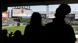 Pope Leo XIV addresses Catholic faithful on the scoreboard at Rate Field, home to the Chicago White Sox, during a celebration and Mass to honor his selection as Pope on June 14, 2025 in Chicago, Illinois. / Credit: Scott Olson/Getty Images