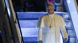 Pope Leo XIV disembarks from his plane upon his arrival at Istanbul Ataturk airport on November 27, 2025. / Credit: BERK OZKAN / AFP via Getty Images