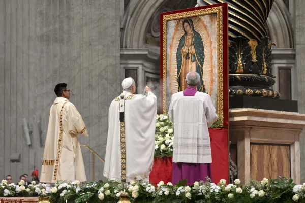 Pope Leo XIV honors Our Lady of Guadalupe during the Mass on her feast day, Dec. 12, 2025, in St. Peter’s Basilica at the Vatican. / Credit: Vatican Media
