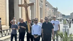 Seminarians approach the Holy Door at St. Peter’s Basilica on Tuesday, June 24, 2025. / Credit: Courtney Mares/CNA