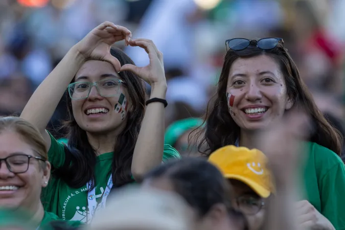 Young women gather for the welcome Mass for the Jubilee of Youth on July 29, 2025, in St. Peter’s Square at the Vatican.