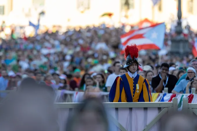 A Swiss Guard stands watch during the Jubilee of Youth welcome Mass on July 29, 2025, in St. Peter’s Square at the Vatican.