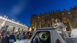 Pope Leo XIV waves from the popemobile during a surprise ride around St. Peter’s Square at the Vatican following the Jubilee of Youth welcome Mass on July 29, 2025. / Credit: Daniel Ibañez/CNA