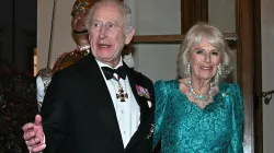 Britain’s King Charles III and Queen Camilla arrive at the Quirinale Presidential Palace in Rome for a state banquet, on April 9, 2025. / Credit: PAUL ELLIS/AFP via Getty Images