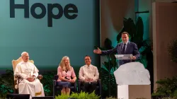 Pope Leo XIV and actor and former California governor Arnold Schwarzenegger address the opening day of the “Raising Hope for Climate Justice” conference held at a center near the papal villa of Castel Gandolfo on Oct. 1, 2025. / Credit: Daniel Ibanez/CNA