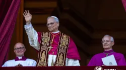 Pope Leo XIV waves to pilgrims in St. Peter’s Square shortly after his election on Thursday, May 8, 2025. / Credit: Daniel Ibáñez/CNA