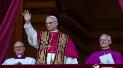 Pope Leo XIV waves to pilgrims in St. Peter's Square shortly after his election on Thursday, May 8, 2025 | Credit: Daniel Ibáñez/CNA