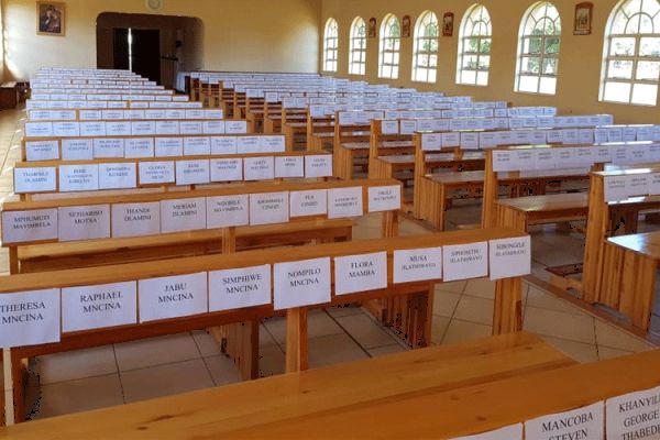Names of the parishioners of Sts. Peter and Paul Parish in Swaziland's Manzini Diocese pinned on benches. / Bishop Jose Luis Ponce de Leon