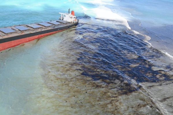Oil leaking from a Japanese bulk carrier MV Wakashio, that ran aground off the southeast coast of Mauritius on July 25.
