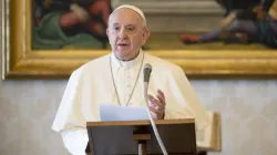Pope Francis gives an address in the library of the Apostolic Palace. Credit: Vatican Media