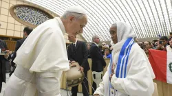 Pope Leo XIV meets with participants of the fifth World Meeting of Popular Movements on Oct. 23, 2025, in the Vatican’s Paul VI Audience Hall. / Credit: Vatican Media