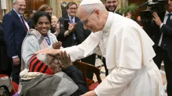 Pope Leo XIV greets an elderly woman at the Vatican on Oct. 3, 2025. / Credit: Vatican Media