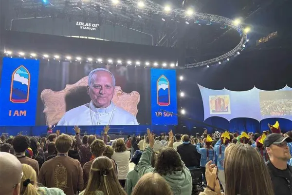 Pope Leo XIV speaks to teenagers during a digital encounter at Lucas Oil Stadium in Indianapolis during the 2025 National Catholic Youth Conference (NCYC) on Nov. 21, 2025. | Credit: Tessa Gervasini/CNA