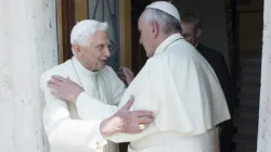 Pope Francis and Pope Emeritus Benedict embrace each other at the Vatican's Mater Ecclesiae Monastery, June 30, 2015. | L'Osservatore Romano.