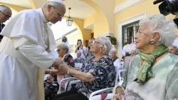 Pope Leo XIV greets residents of St. Martha Home for the Elderly in Castel Gandolfo, Italy, during a visit on July 21, 2025. / Credit: Vatican Media