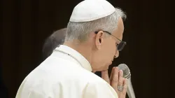 Pope Leo XIV prays during his Wednesday general audience on Aug. 13, 2025, in the Paul VI Audience Hall at the Vatican.