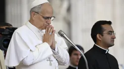 Pope Leo XIV prays during his general audience on 24 Sept 2025, in St. Peter’s Square at the Vatican.