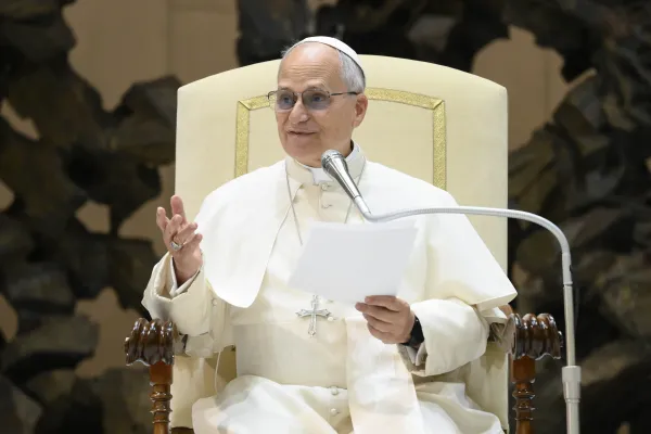 Pope Leo XIV addresses employees of the Vatican on Dec. 22, 2025, in the Paul VI Audience Hall at the Vatican. / Credit: Vatican Media