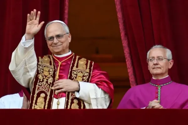 Pope Leo XIV looks out from the central balcony of St. Peter’s Basilica after his election on May 8, 2025. / Credit: Vatican Media
