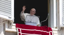 Pope Francis waves from a window of the Apostolic Palace during his Angelus address and prayer on Aug. 20, 2023. | Vatican Media.