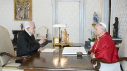 Pope Leo XIV speaks with President Mahmoud Abbas of Palestine during a private audience in the Vatican’s Apostolic Palace on Nov. 6, 2025. / Credit: Vatican Media.