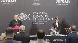 The papal ambassador to Jordan, Archbishop Giovanni Pietro Dal Toso, and Jordanian Minister of Tourism and Antiquities Lina Annab speak at a press conference in Amman, Jordan, about the new exhibit “Jordan: Dawn of Christianity,” which will open at the Vatican on Jan. 31, 2025. / Credit: ACI MENA
