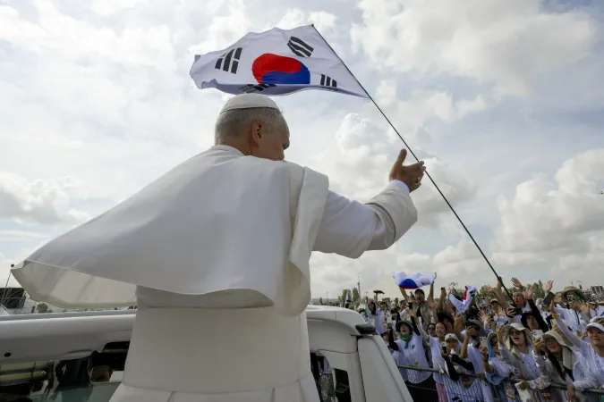 Pope Leo XIV waves at pilgrims from South Korea before the closing Mass of the Jubilee of Youth at the University of Rome Tor Vergata on Aug. 3, 2025.