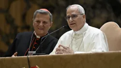 Pope Leo XIV sits next to Cardinal Mario Grech, general secretary of the Vatican's synod office, during the jubilee of synod teams and participatory bodies in the Vatican's Paul VI Hall on Oct. 24, 2025. / Credit: Vatican Media
