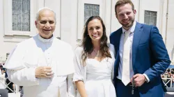Newlyweds Anna and Cole Stevens meet Pope Leo XIV at the general audience in Rome on Wednesday, June 11, 2025. / Credit: Courtesy of Anna and Cole Stevens
