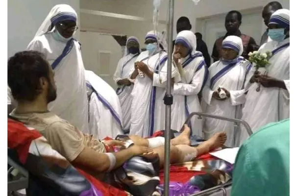 Loreto Sisters in South Sudan visit Bishop-elect Msgr. Christian Carlassare after the April 26 attack. Credit: Courtesy Photo