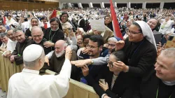 Pope Leo XIV greets men and women religious during an audience for the Jubilee of Consecrated Life in the Vatican’s Paul VI Hall on Oct. 10, 2025. / Credit: Vatican Media