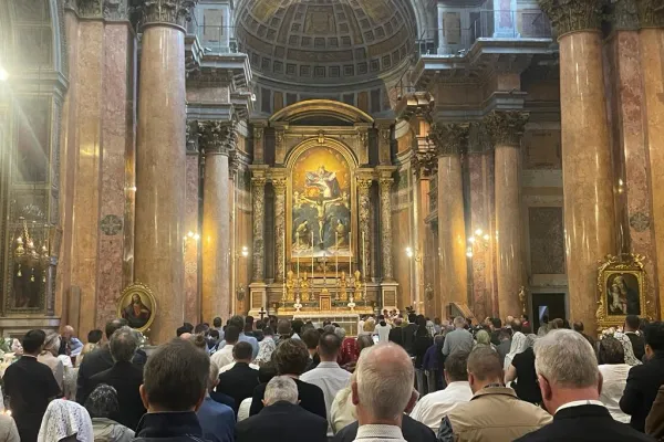 The concluding high Mass for the Summorum Pontificum Pilgrimage, an annual three-day pilgrimage for devotees of the Traditional Latin Mass, on Oct. 29, 2023, celebrated by Bishop Guido Pozzo at the Church of the Most Holy Trinity of the Pilgrims in Rome. | Credit: Andrea Zuffellato