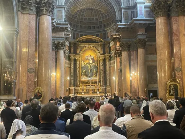The concluding high Mass for the Summorum Pontificum Pilgrimage, an annual three-day pilgrimage for devotees of the Traditional Latin Mass, on Oct. 29, 2023, celebrated by Bishop Guido Pozzo at the Church of the Most Holy Trinity of the Pilgrims in Rome. | Credit: Andrea Zuffellato