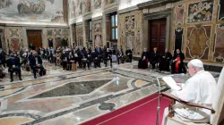 Pope Francis addresses participants in the plenary assembly of the Pontifical Academy for Life in the Vatican’s Clementine Hall, Sept. 27, 2021. Vatican Media.