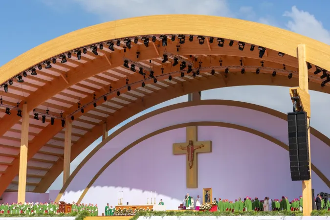 Pope Leo XIV celebrates the closing Mass of the Jubilee of Youth on a 15,000-square-foot stage on the campus of the University of Rome Tor Vergata on Aug. 3, 2025.