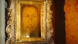 The Veil of Manoppello, which is kept in a church in Manoppello, Italy, known as the Santuario del Volto Santo. / Credit: Sonovision