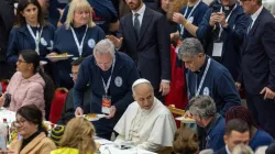 Pope Leo XIV shares lunch with people in need at the Vatican on November 16, 2025. / Daniel Ibáñez